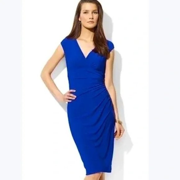 Lauren Ralph Lauren Dresses & Skirts - Lauren Ralph Lauren Blue Faux Wrap Short Sleeve Ruched Dress Size M
